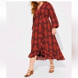 Torrid Womens Midi Surplice Dress Burgundy Medallion Print Pockets Gauze Plus 2X